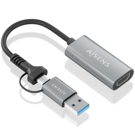 Conversor HDMI Aisens A109-0913 | USB + USB Tipo C 3.1 Macho - HDMI Macho | 15 cm | Cinza