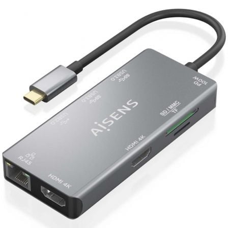 Docking USB Tipo-C Aisens ASUC-9P018-GR | 2xHDMI | 3xUSB | 1xRJ45 | 1xLeitor de Cartão | 1xUSB Tipo-C PD | Cinza