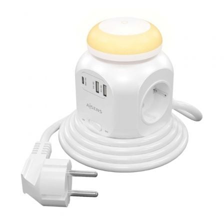 Aisens ASPS-2A1CLPQ02-W com interruptor e luz noturna | 4 tomadas | 1 USB tipo C PD | 2 USB | Cabo de 1,8 m | Branco