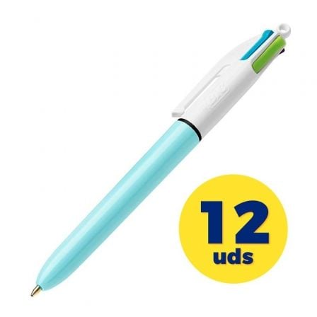 Bic Fashion 887777 Caixa retrátil para canetas de tinta a óleo | 12 unidades | 4 cores de tinta | Corpo azul pastel