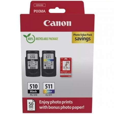 Canon PG-510 + Pack múltiplo CL-511   |  preto   |  tricolor + papel fotográfico