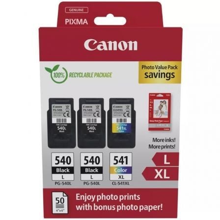Canon PG-540L + Pack múltiplo CL-541 XL de alta capacidade | 2x preto | tricolor + papel fotográfico