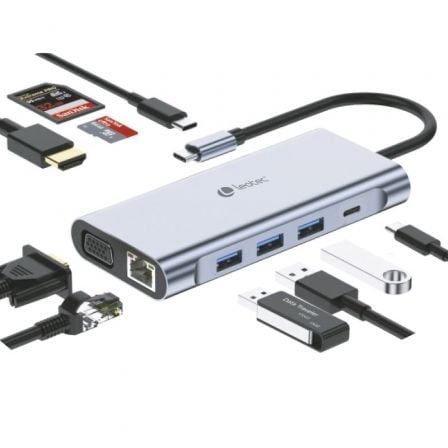 Docking USB Tipo-C Leotec LEDS01 | 3xUSB | 2xUSB Tipo-C | 1xUSB Tipo-C PD | 1xHDMI 4K | 1xVGA | 1xRJ45 | 1xÁudio | 1xLeitor de Cartão SD e MicroSD | Cinza