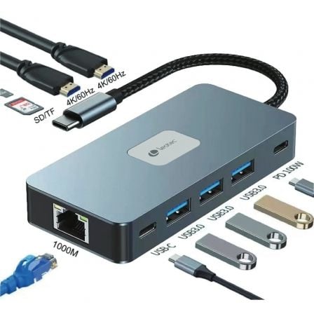Docking USB Tipo-C Leotec LEDS02 | 3xUSB | 1xUSB Tipo-C | 1xUSB Tipo-C PD | 2xHDMI 4K | 1xRJ45 | 1xLeitor de Cartão SD e MicroSD | Cinza