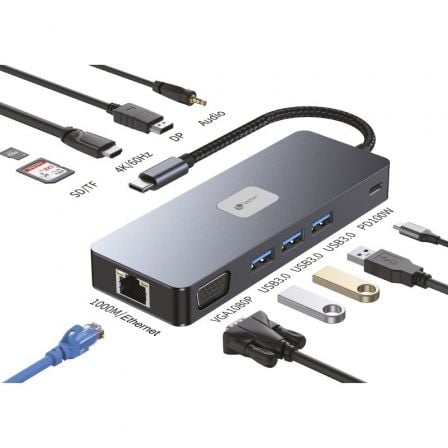 Estação de acoplamento Leotec LEDS03 USB Tipo C | 3xUSB | 1xUSB Tipo C PD | 1xHDMI 4K | 1 xDisplayPort | 1xVGA | 1xÁudio | 1xRJ45 | 1xLeitor de cartão SD e MicroSD | Cinza