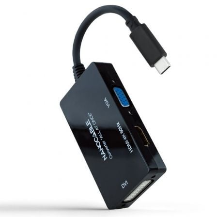 Nanocable 10.16.4301-ALL | Conversor USB Tipo C Macho - HDMI Fêmea - DVI-I Fêmea - VGA Fêmea | 20 cm | Preto