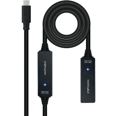 Cabo de extensão USB Tipo C 3.2 com amplificador Nanocable 10.01.1312 | USB Tipo C Macho - USB Tipo C Fêmea | 10m | Preto
