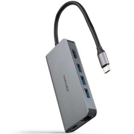 Cabo de acoplamento Nanocable Tipo C 10.16.4609 | 3xUSB | 1xHDMI 4K | 1xRJ45 | 1xLeitor de cartão | 1xUSB Tipo C PD | Cinza