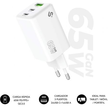 Carregador de parede GaN Subblim 65W USB C+C+A | 2xUSB Tipo C | 1xUSB | 65W