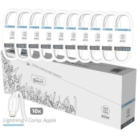 Pack com 10 Cabos Lightning Tech One Tech Basik TEC2952 | USB Macho - Lightning Macho | 1m | Branco