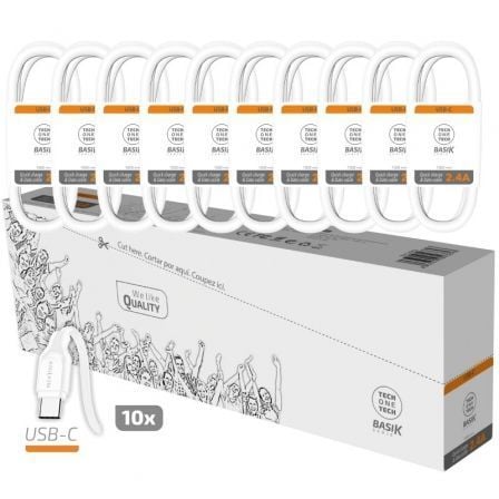 Pack com 10 Cabos USB 2.0 Tech One Tech Basik TEC2953 | USB Macho - USB Tipo C Macho | 1m | Branco
