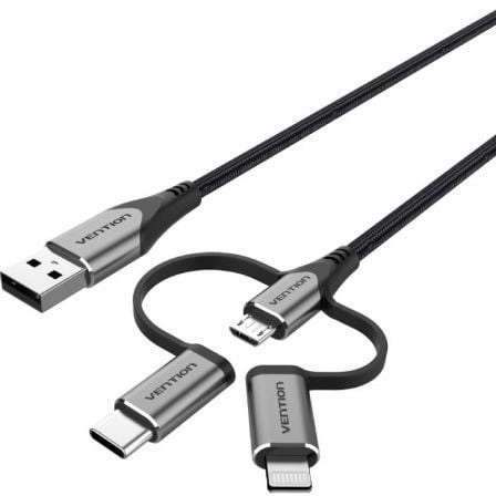 Cabo USB 2.0 Tipo C Vention CQJHF | USB Macho | USB Tipo C Macho - MicroUSB Macho - Lightning Macho | 480Mbps | 1m | Cinza