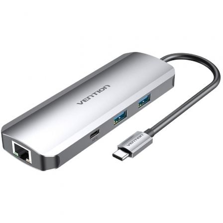 Docking USB Tipo-C Vention TOMHB | 1xHDMI | 2xUSB | 1xUSB Tipo-C | 1xUSB Tipo-C PD | 1xRJ45 | 1xLeitor de Cartão SD e MicroSD | Jack 3.5 | Cinza