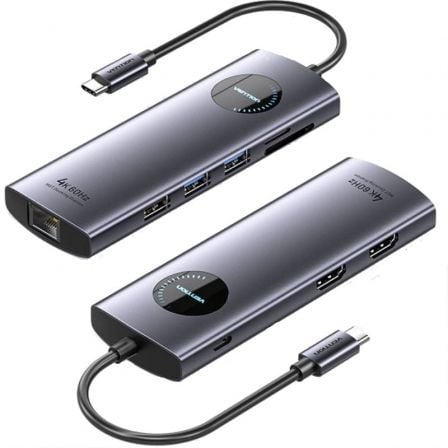 Docking USB Tipo-C Vention TQVHB | 2xHDMI | 3xUSB | 1xRJ45 | 1xLeitor de Cartão | 1xUSB Tipo-C PD | Cinza