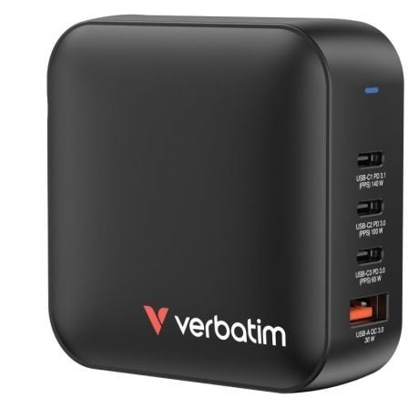 Carregador de parede Mini GaN Verbatim | 3xUSB Tipo C | 1xUSB | Carregador de viagem universal GaN 165 W