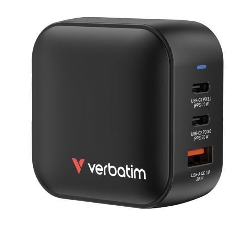 Carregador de parede Mini GaN Verbatim | 2xUSB Tipo C | 1xUSB | Carregador de viagem universal GaN de 70 W