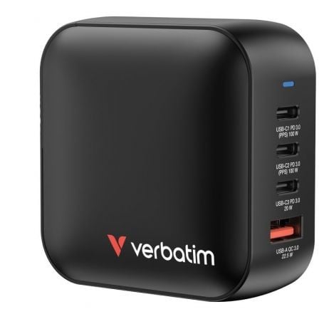 Carregador de parede Mini GaN Verbatim | 3xUSB Tipo C | 1xUSB | Carregador de viagem universal GaN 100W